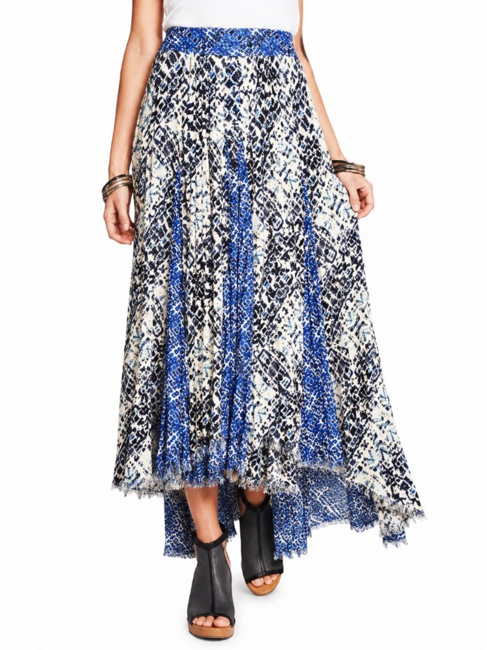 FREE PEOPLE Show You Off Patchwork Maxi Skirt Blue Black XS Hi-Low Raw Hem Boho